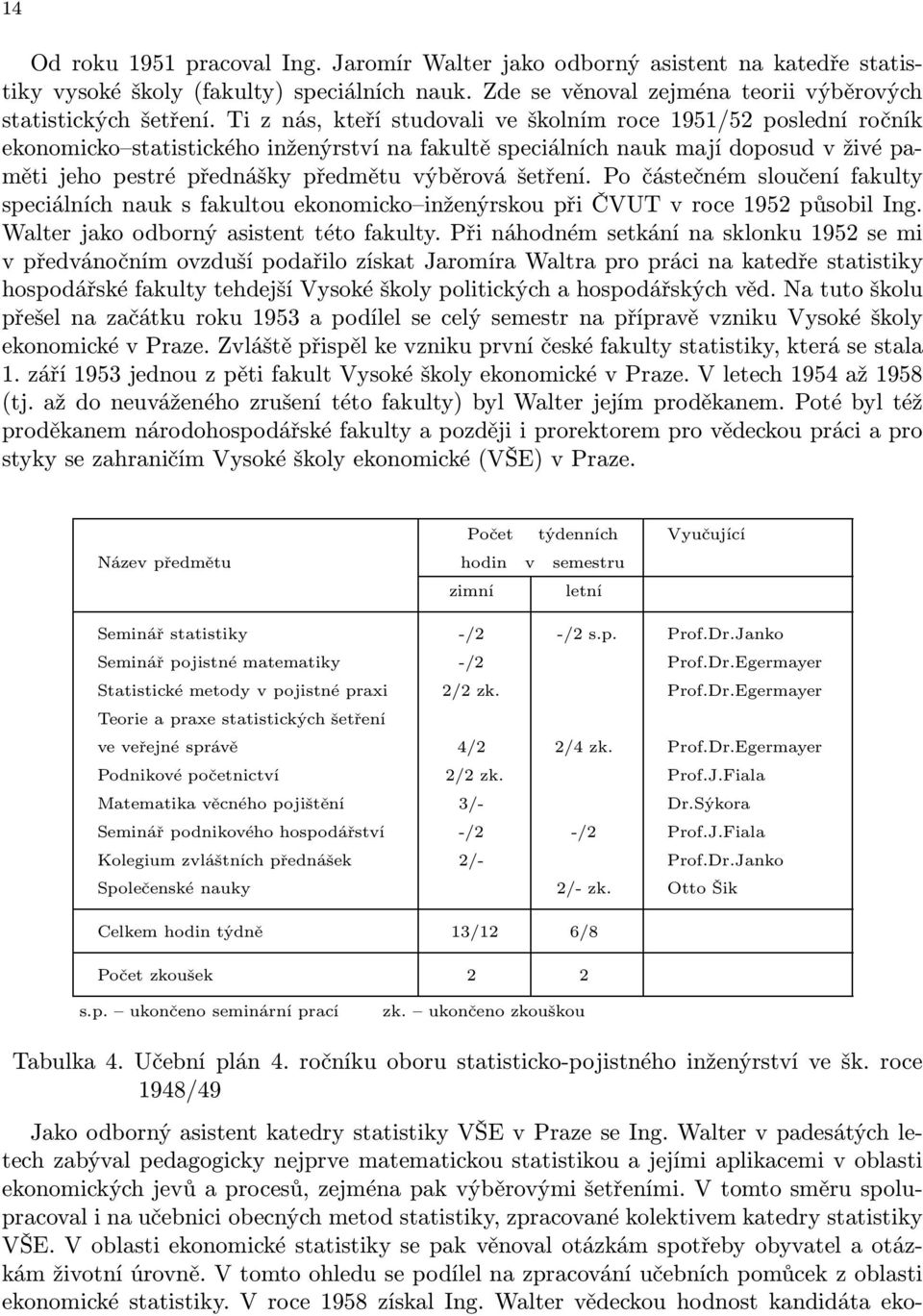 šetření. Po částečném sloučení fakulty speciálních nauk s fakultou ekonomicko inženýrskou při ČVUT v roce 1952 působil Ing. Walter jako odborný asistent této fakulty.