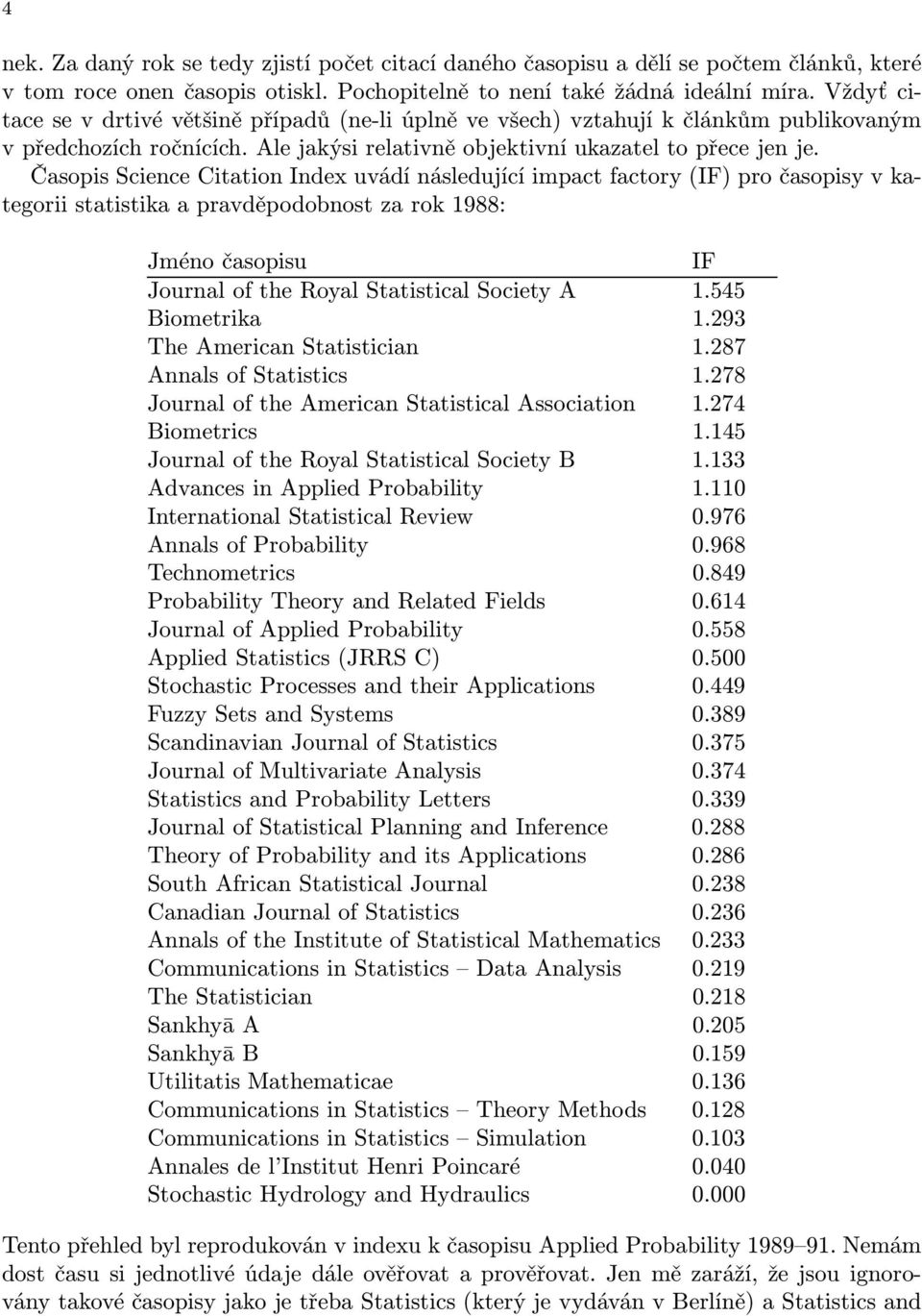 Časopis Science Citation Index uvádí následující impact factory (IF) pro časopisy v kategorii statistika a pravděpodobnost za rok 1988: Jméno časopisu IF Journal of the Royal Statistical Society A 1.