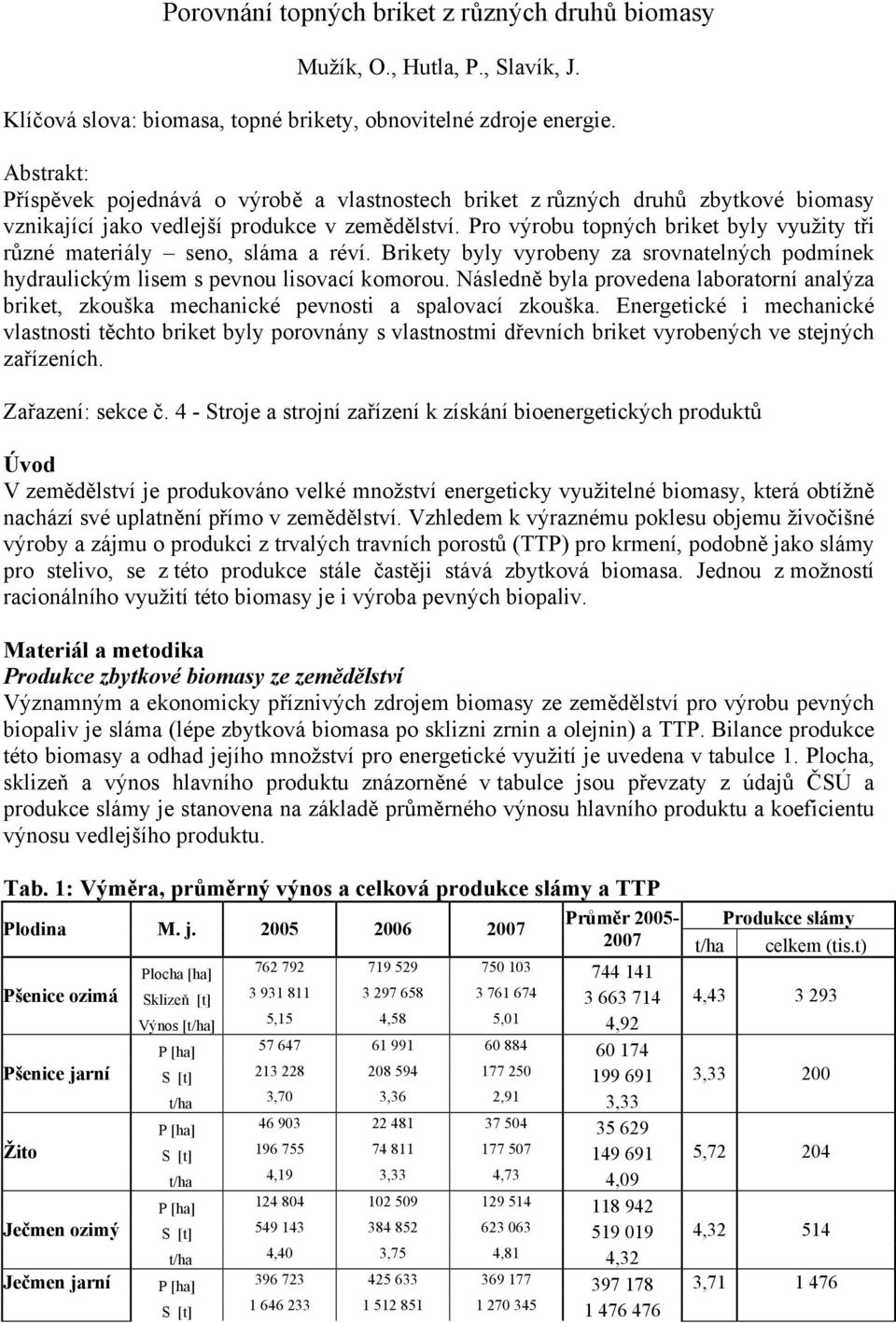 Pro výrobu topných briket byly využity tři různé materiály seno, sláma a réví. Brikety byly vyrobeny za srovnatelných podmínek hydraulickým lisem s pevnou lisovací komorou.