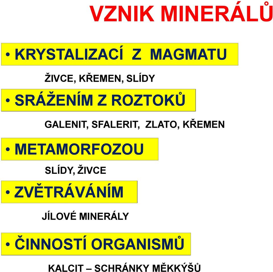 ZLATO, KŘEMEN METAMORFOZOU SLÍDY, ŽIVCE ZVĚTRÁVÁNÍM