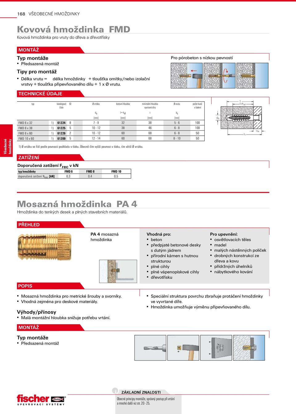 Pro pórobeton s nízkou pevností ID Ø vrtáku kotevní hloubka minimální hloubka d o l = h ef t d s [mm] [mm] [mm] [mm] FMD 6 x 32 1) 61224 8 7-9 32 38 5-6 100 FMD 8 x 38 1) 61225 5 10-12 38 46 6-8 100