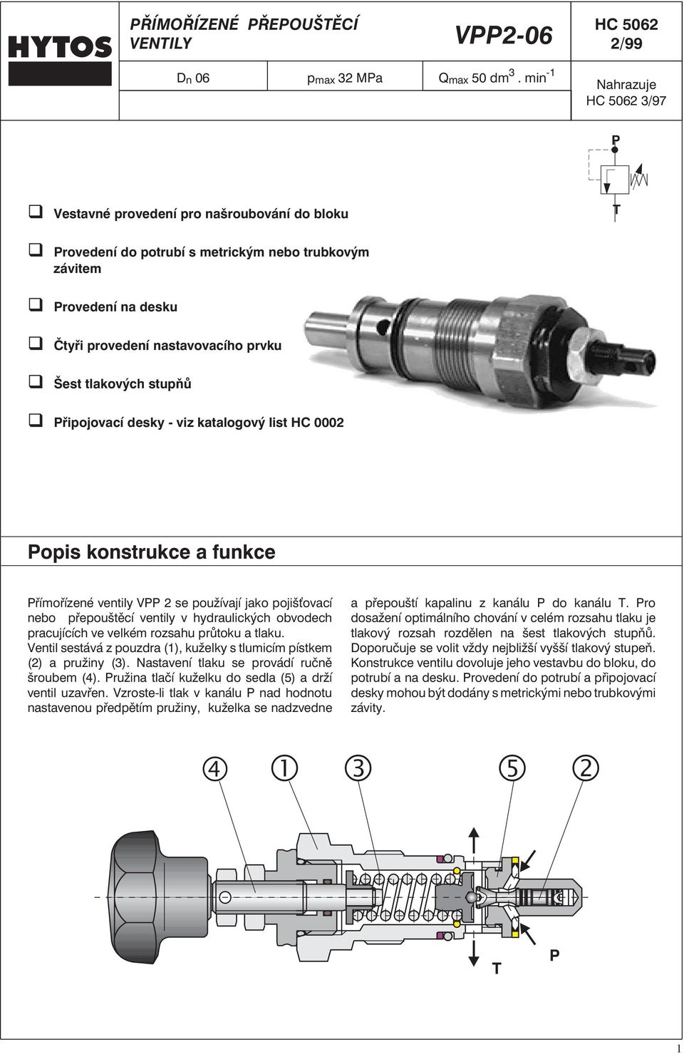 stupňů řipojovací desky - viz katalogový list HC 0002 opis konstrukce a funkce římořízené ventily V 2 se používají jako pojišovací nebo přepouštěcí ventily v hydraulických obvodech pracujících ve