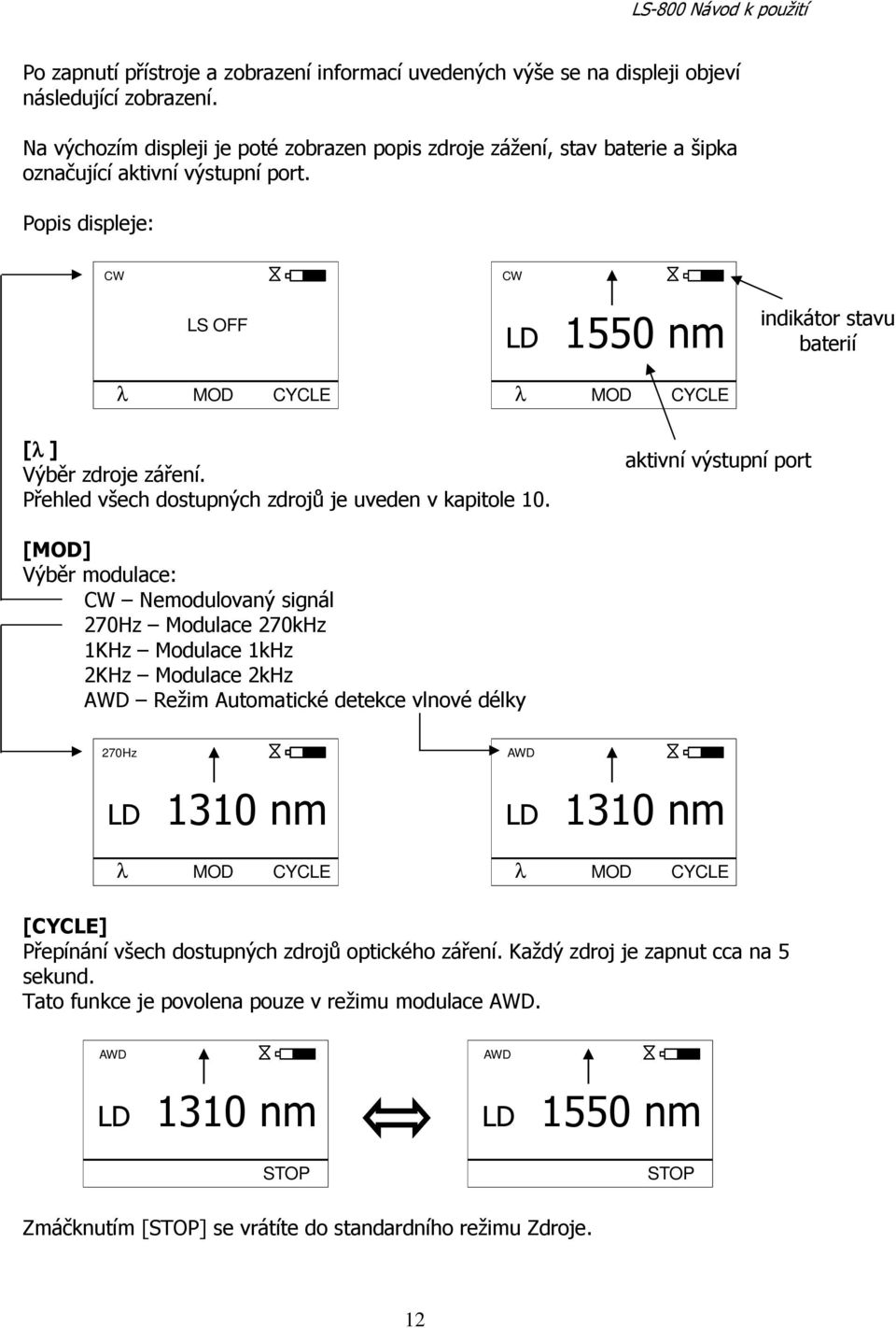 Popis displeje: CW CW LS OFF λ MOD CYCLE LD 1550 nm λ MOD CYCLE indikátor stavu baterií [λ ] Výběr zdroje záření. Přehled všech dostupných zdrojů je uveden v kapitole 10.