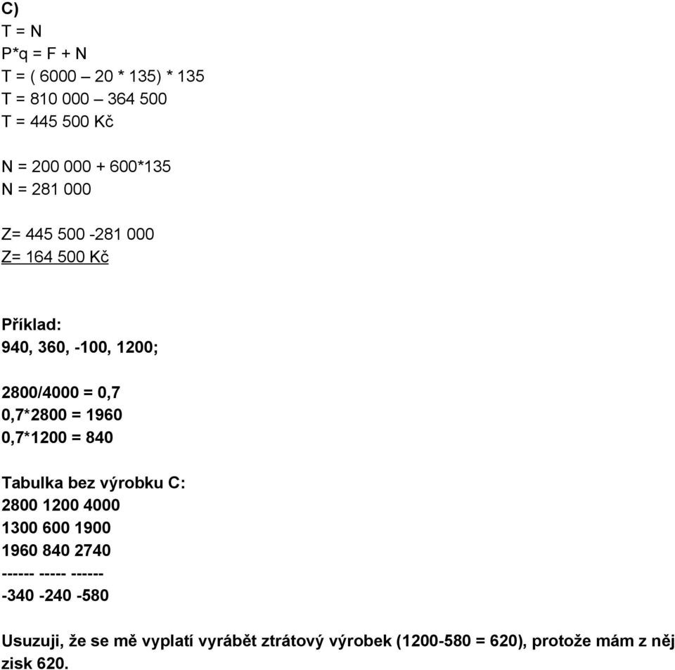 0,7*2800 = 1960 0,7*1200 = 840 Tabulka bez výrobku C: 2800 1200 4000 1300 600 1900 1960 840 2740 340