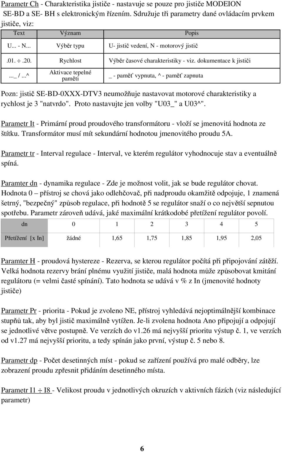 ..^ Aktivace tepelné paměti _ - paměť vypnuta, ^ - paměť zapnuta Pozn: jistič SE-BD-0XXX-DTV3 neumožňuje nastavovat motorové charakteristiky a rychlost je 3 "natvrdo".