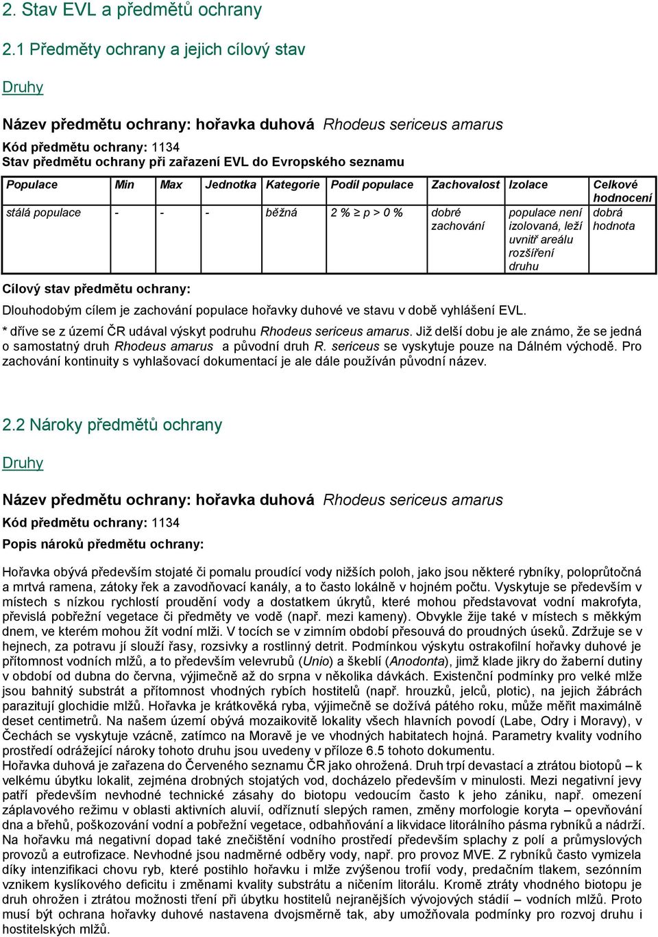 Populace Min Max Jednotka Kategorie Podíl populace Zachovalost Izolace Celkové hodnocení stálá populace - - - běžná 2 % p > 0 % dobré populace není dobrá zachování izolovaná, leží hodnota uvnitř
