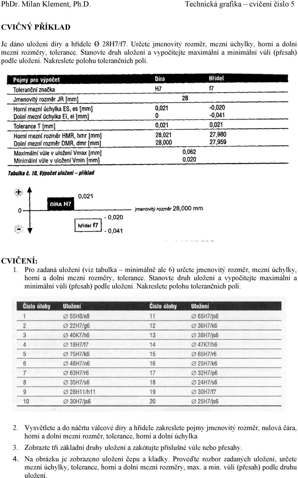 Pro zadaná uložení (viz tabulka minimálně ale 6) určete jmenovitý rozměr, mezní úchylky, horní a dolní mezní rozměry, tolerance.