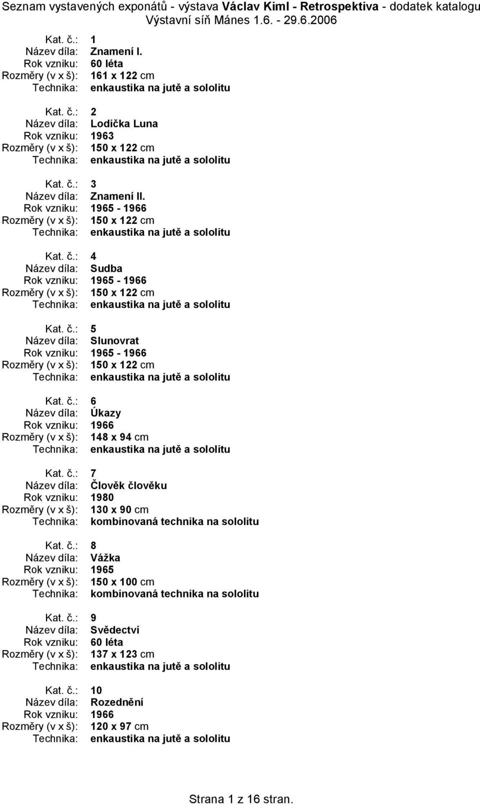 č.: 7 Název díla: Člověk člověku Rok vzniku: 1980 Rozměry (v x š): 130 x 90 cm Kat. č.: 8 Název díla: Vážka Rozměry (v x š): 150 x 100 cm Kat. č.: 9 Název díla: Svědectví Rozměry (v x š): 137 x 123 cm Kat.