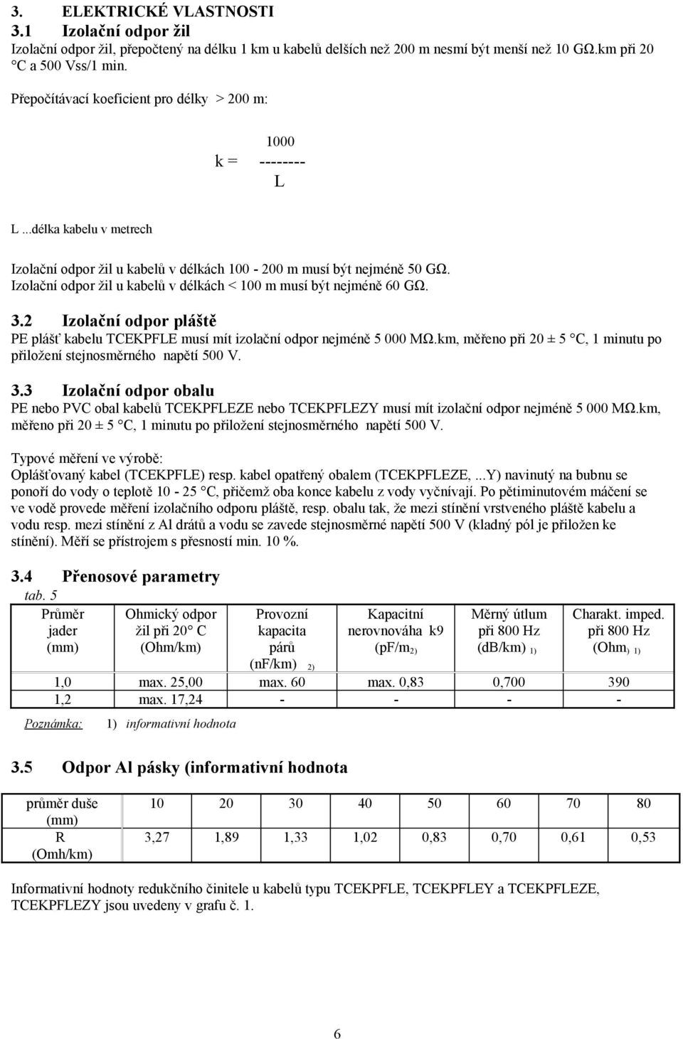 Izolační odpor žil u kabelů v délkách < 100 m musí být nejméně 60 GΩ. 3.2 Izolační odpor pláště PE plášť kabelu TCEKPFLE musí mít izolační odpor nejméně 5 000 MΩ.