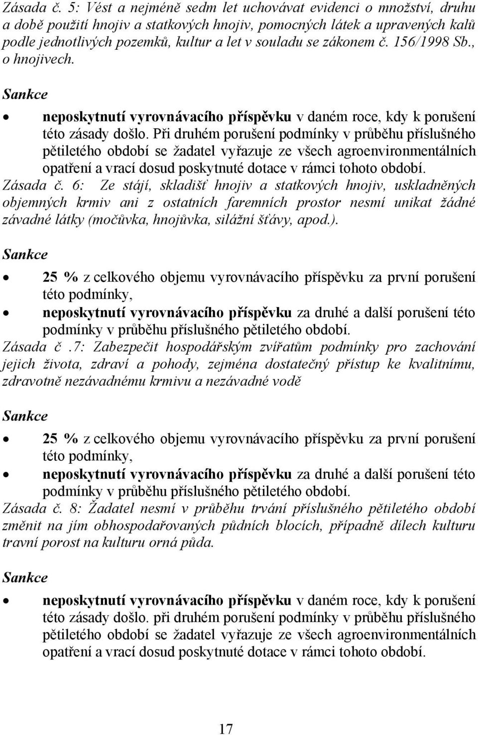 zákonem č. 156/1998 Sb., o hnojivech. Sankce neposkytnutí vyrovnávacího příspěvku v daném roce, kdy k porušení této zásady došlo.