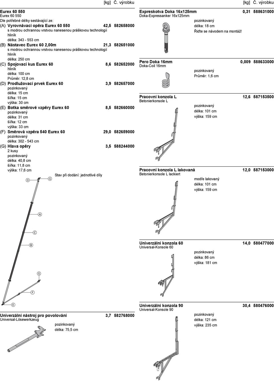 (D) Prodlužovací prvek Eurex 60 3,9 582657000 délka: 15 cm šířka: 15 cm výška: 30 cm (E) Botka směrové vzpěry Eurex 60 8,5 582660000 délka: 31 cm šířka: 12 cm výška: 33 cm (F) Směrová vzpěra 540