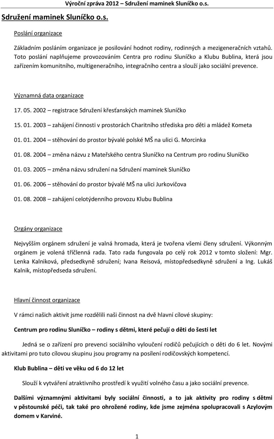 Významná data organizace 17. 05. 2002 registrace Sdružení křesťanských maminek Sluníčko 15. 01. 2003 zahájení činnosti v prostorách Charitního střediska pro děti a mládež Kometa 01. 01. 2004 stěhování do prostor bývalé polské MŠ na ulici G.