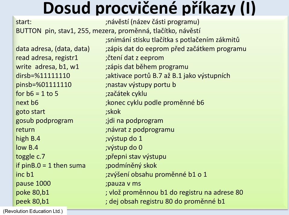 1 jako výstupních pinsb=%01111110 ;nastav výstupy portu b for b6 = 1 to 5 ;začátek cyklu next b6 ;konec cyklu podle proměnné b6 goto start ;skok gosub podprogram ;jdi na podprogram return ;návrat z