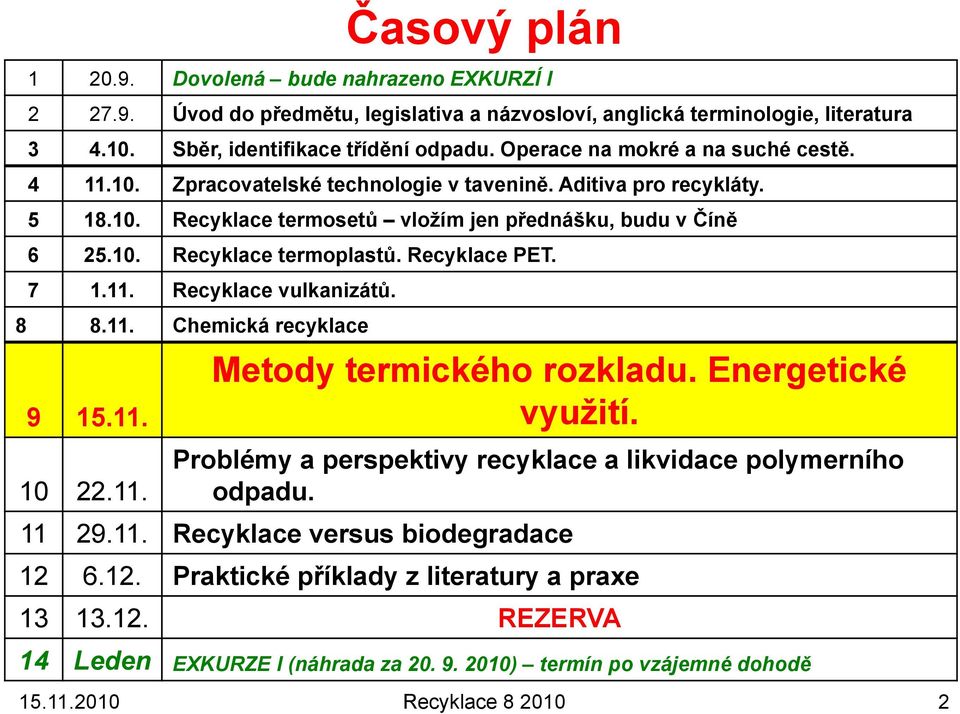Recyklace PET. 7 1.11. Recyklace vulkanizátů. 8 8.11. Chemická recyklace 9 15.11. 10 22.11. Metody termického rozkladu. Energetické vyuţití.