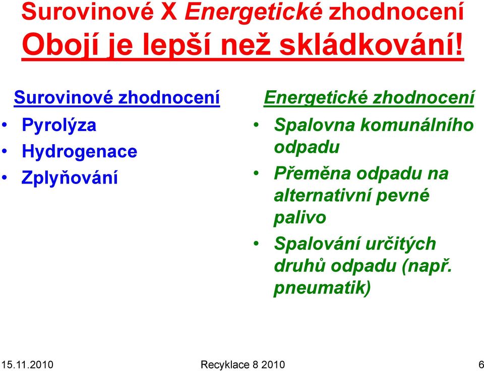 zhodnocení Spalovna komunálního odpadu Přeměna odpadu na alternativní