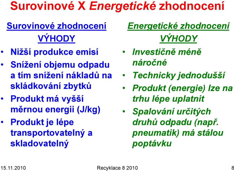 skladovatelný Energetické zhodnocení VÝHODY Investičně méně náročné Technicky jednodušší Produkt (energie) lze na