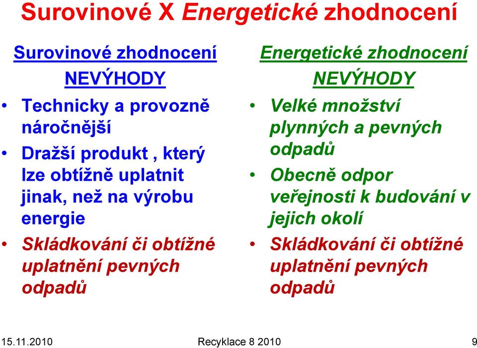 pevných odpadů Energetické zhodnocení NEVÝHODY Velké množství plynných a pevných odpadů Obecně odpor