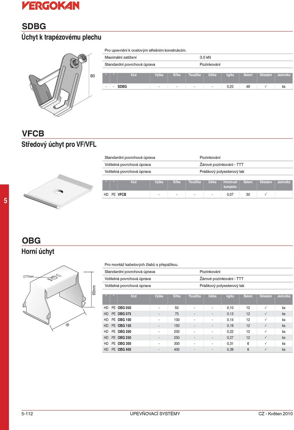 Skladem Jednotka HD PE VFCB - - - - 0,07 30 P OBG Horní úchyt Pro montáž kabelových žlabů s přepážkou.