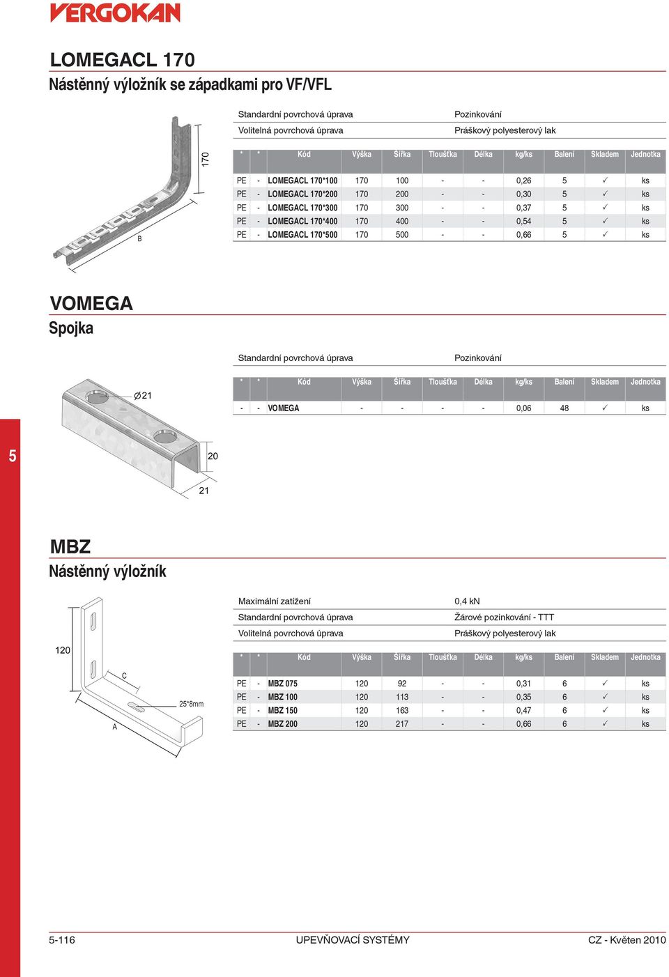 - - 0,66 P ks VOMEGA Spojka - - VOMEGA - - - - 0,06 48 P ks MBZ Nástěnný výložník Maximální zatížení 0,4 kn PE - MBZ 07 120 92 -