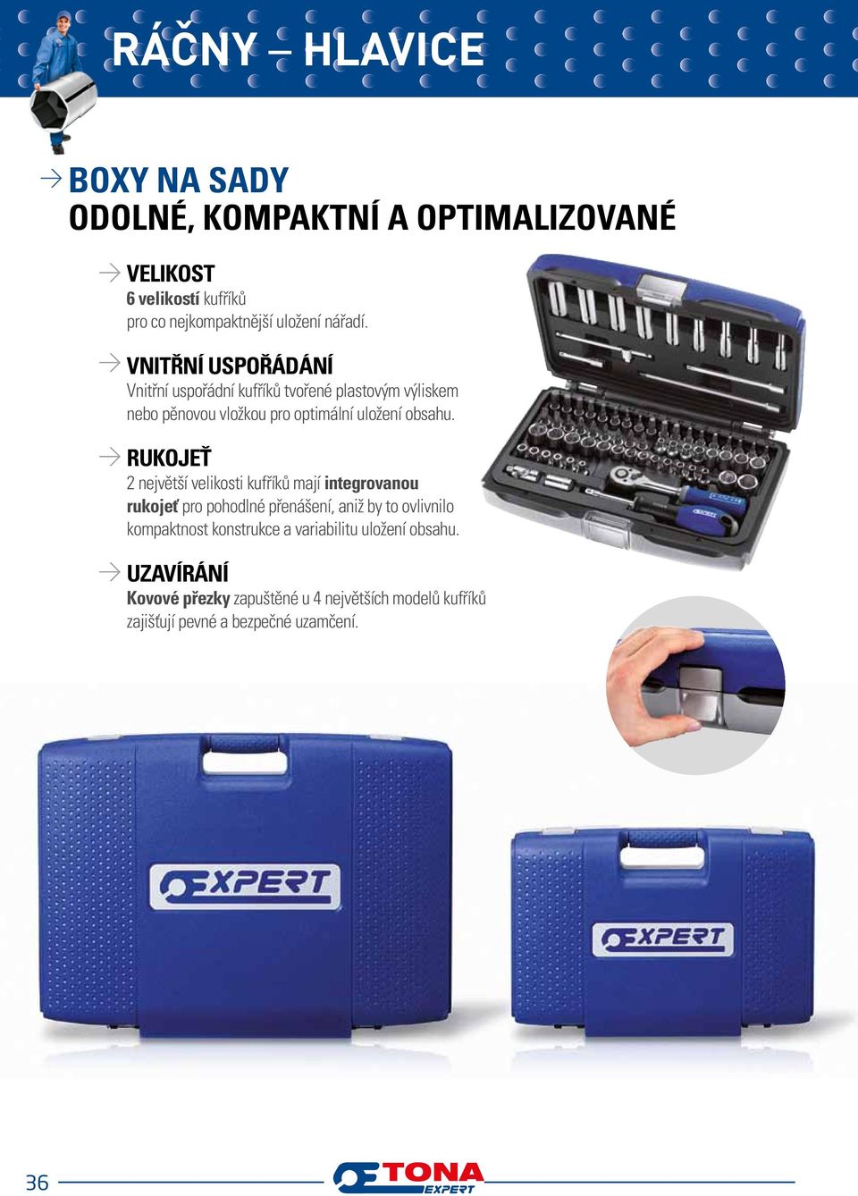 RUKOJEŤ 2 největší velikosti kufříků mají integrovanou rukojeť pro pohodlné přenášení, aniž by to ovlivnilo kompaktnost