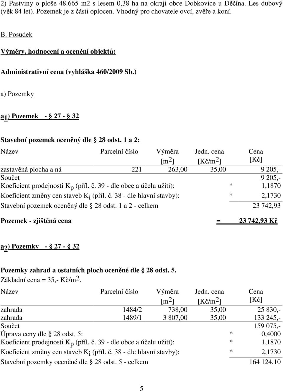 1 a 2: Název Parcelní číslo Výměra [m 2 ] Jedn. cena [Kč/m 2 ] Cena [Kč] zastavěná plocha a ná 221 263,00 35,00 9 205,- Součet 9 205,- Koeficient prodejnosti K p (příl. č. 39 - dle obce a účelu užití): * 1,1870 Koeficient změny cen staveb K i (příl.
