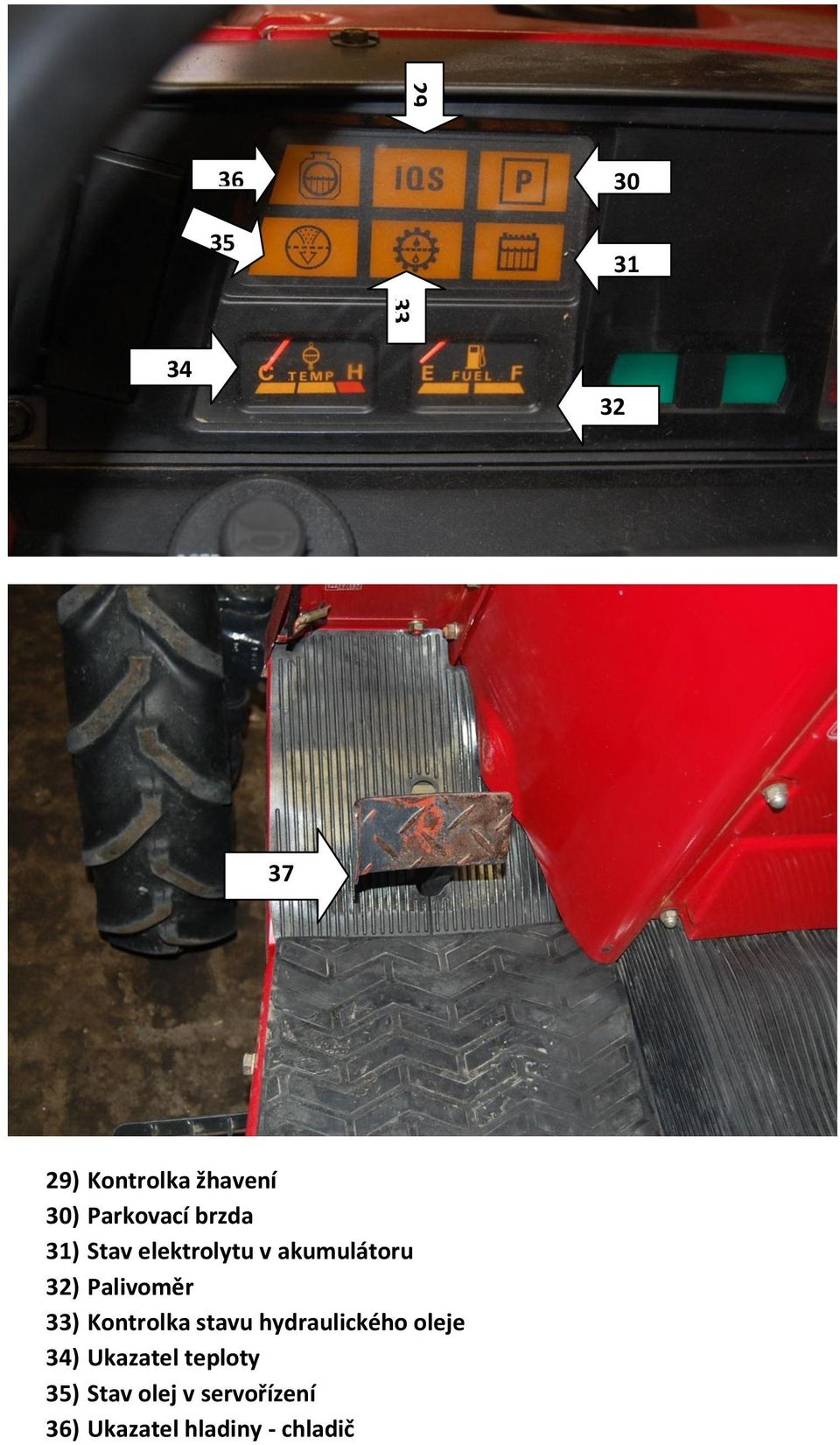 Palivoměr 33) Kontrolka stavu hydraulického oleje 34)