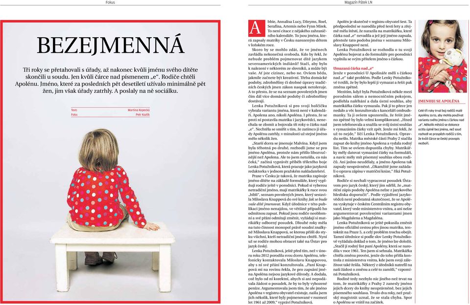 Text: Foto: Martina Kopecká Petr Kozlík A bbie,annalisa Lucy,Džeyms,Roel, Serafína, Artemis nebo Fynn Mirek. To není citace znějakého zahraničního kalendáře.