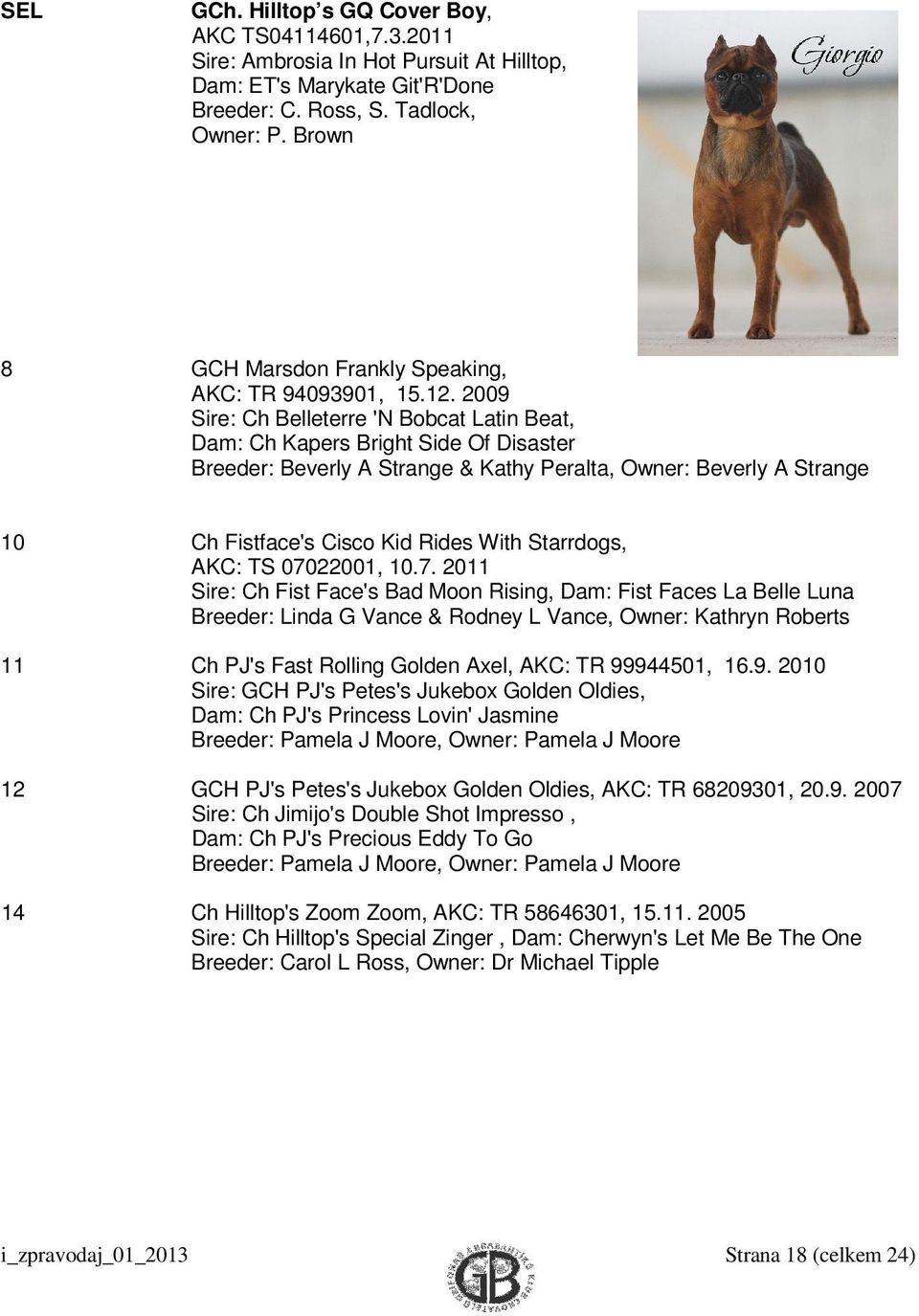 2009 Sire: Ch Belleterre 'N Bobcat Latin Beat, Dam: Ch Kapers Bright Side Of Disaster Breeder: Beverly A Strange & Kathy Peralta, Owner: Beverly A Strange 10 Ch Fistface's Cisco Kid Rides With