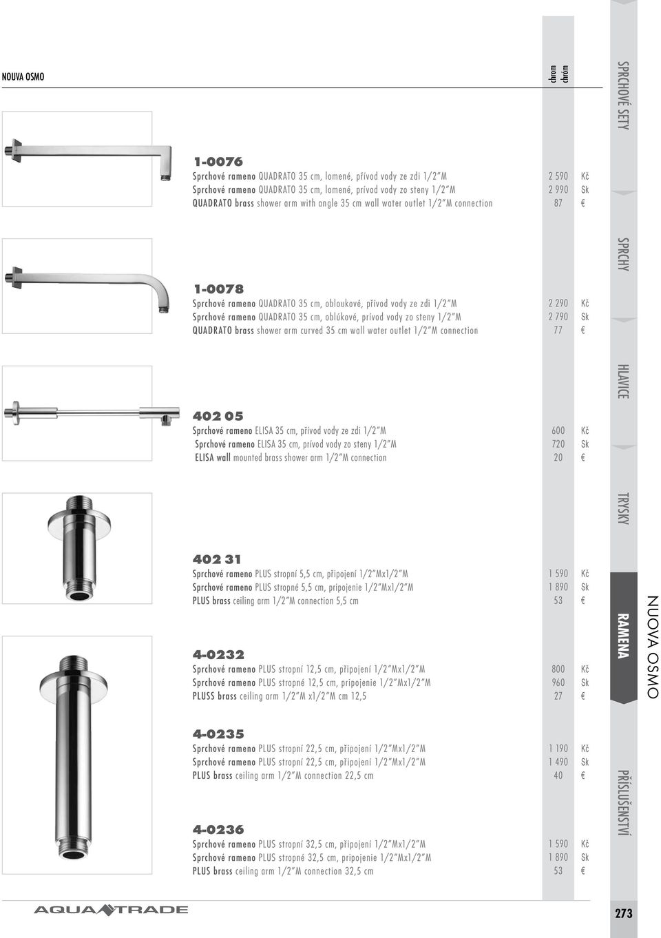 1/2 M QUADRATO brass shower arm curved 35 cm wall water outlet 1/2 M connection 402 05 Sprchové rameno ELISA 35 cm, přívod vody ze zdi 1/2 M Sprchové rameno ELISA 35 cm, prívod vody zo steny 1/2 M