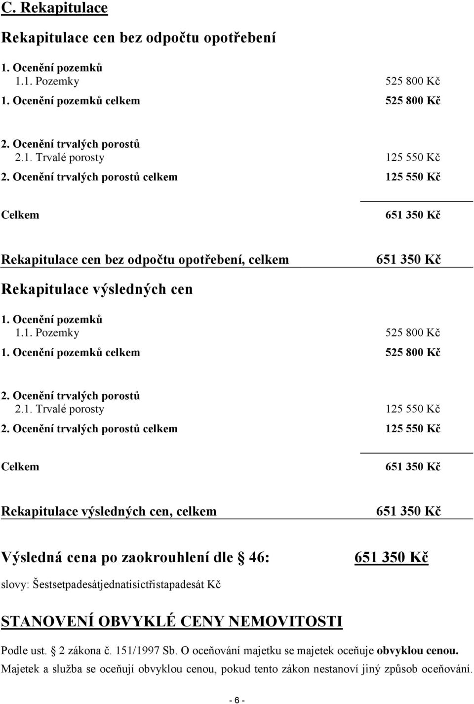 Ocenění pozemků celkem 525 800 Kč 2. Ocenění trvalých porostů 2.1. Trvalé porosty 125 550 Kč 2.