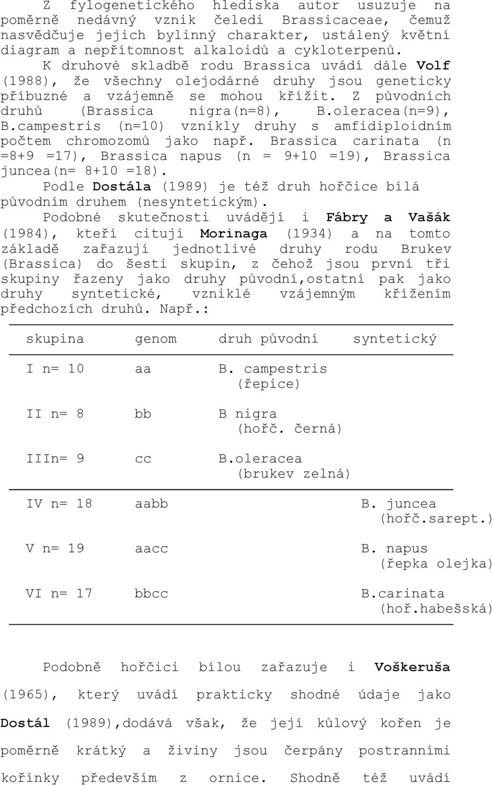 campestris (n=10) vznikly druhy s amfidiploidním počtem chromozomů jako např. Brassica carinata (n =8+9 =17), Brassica napus (n = 9+10 =19), Brassica juncea(n= 8+10 =18).