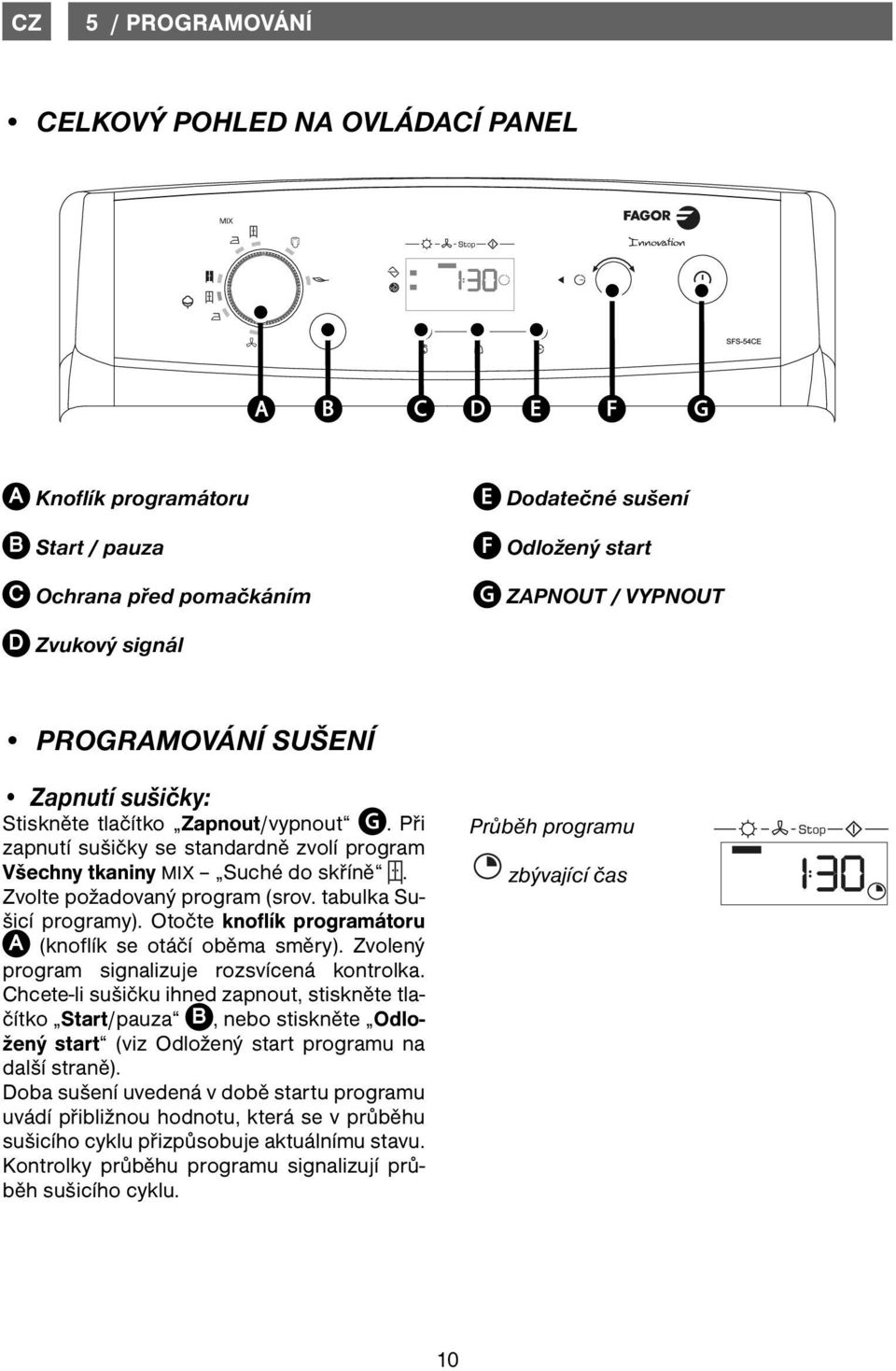 tabulka Sušicí programy). Otočte knoflík programátoru (knoflík se otáčí oběma směry). Zvolený program signalizuje rozsvícená kontrolka.