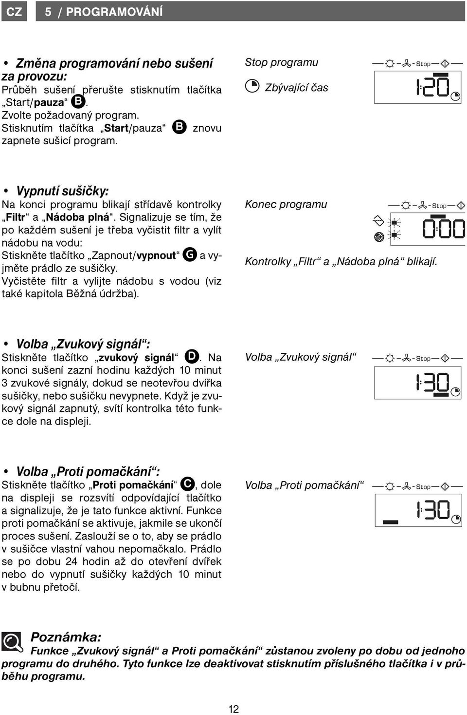 Signalizuje se tím, že po každém sušení je třeba vyčistit filtr a vylít nádobu na vodu: Stiskněte tlačítko Zapnout/vypnout a vyjměte prádlo ze sušičky.