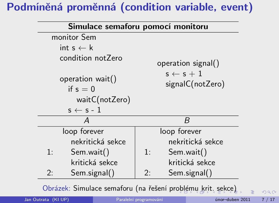 signal() operation signal() s s + 1 signalc(notzero) B loop forever nekritická sekce 1: Sem.wait() kritická sekce 2: Sem.