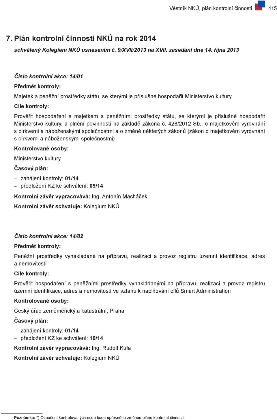 kterými je příslušné hospodařit Ministerstvo kultury, a plnění povinností na základě zákona č. 428/2012 Sb.