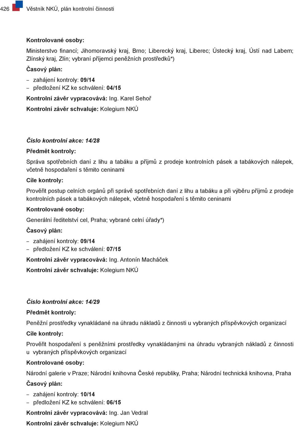 Karel Sehoř Číslo kontrolní akce: 14/28 Správa spotřebních daní z lihu a tabáku a příjmů z prodeje kontrolních pásek a tabákových nálepek, včetně hospodaření s těmito ceninami Prověřit postup celních