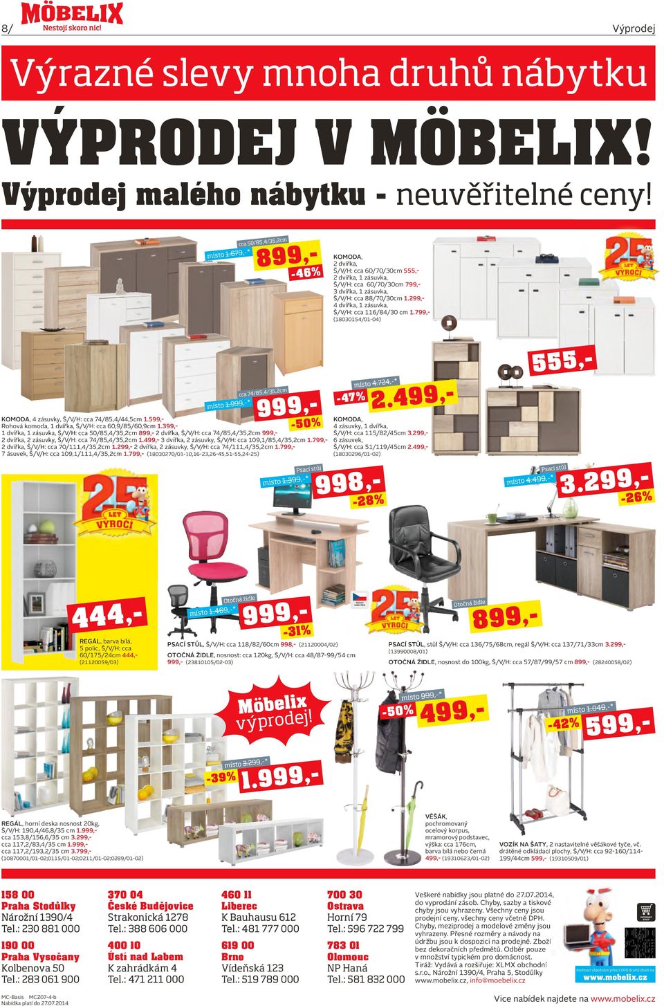 299,- 4 dvířka, 1 zásuvka, Š/V/H: cca 116/84/30 cm 1.799,- (18030154/01-04) místo 1.999,- cca 74/85,4/35,2cm -50% KOMODA, 4 zásuvky, Š/V/H: cca 74/85,4/44,5cm 1.