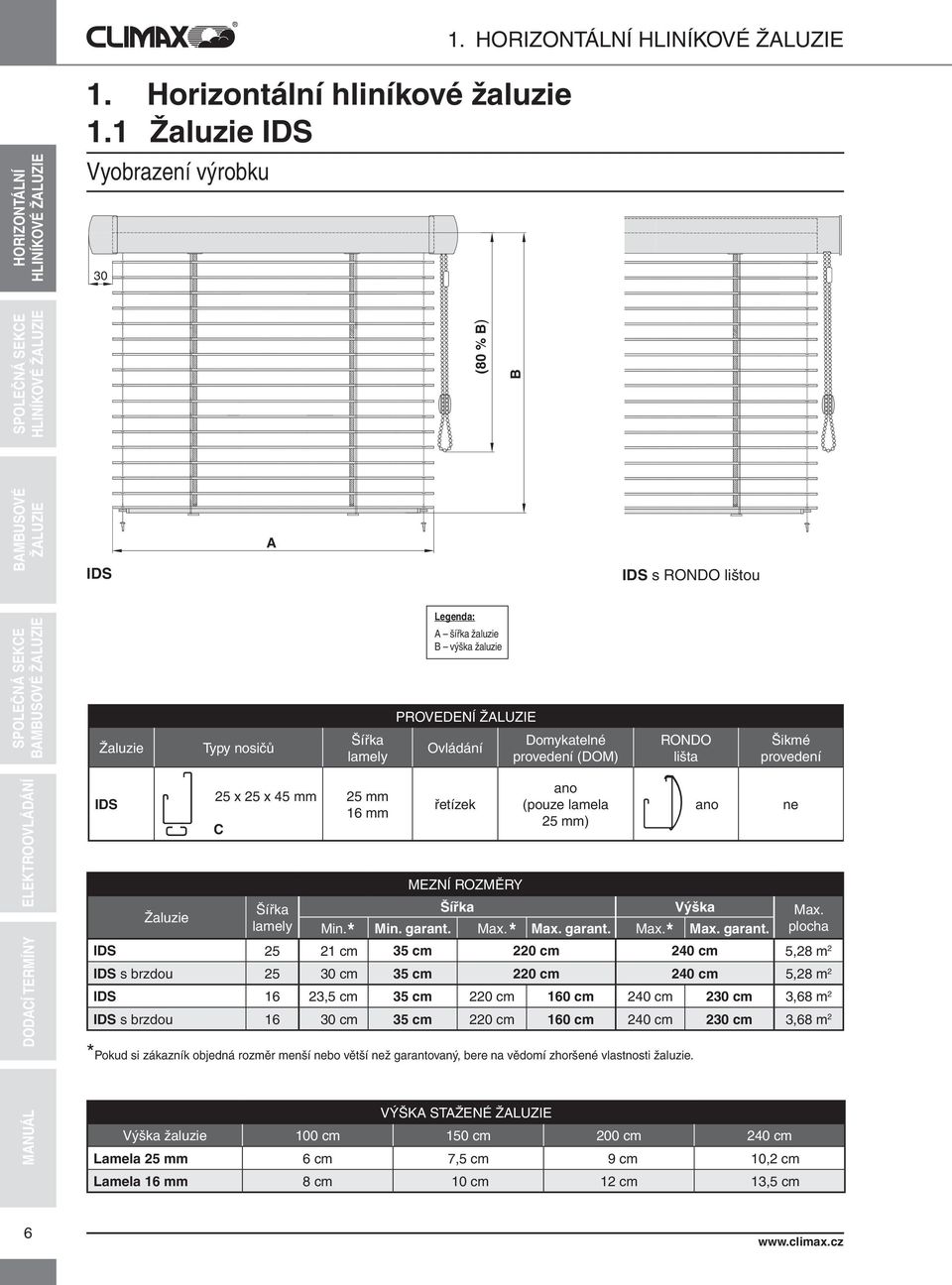 lišta šikmé provedení IDS žaluzie 25 x 25 x 45 mm C šířka lamely 25 mm 16 mm řetízek MEZNÍ ROZMĚRY *Pokud si zákazník objedná rozměr menší nebo větší než garantovaný, bere na vědomí zhoršené