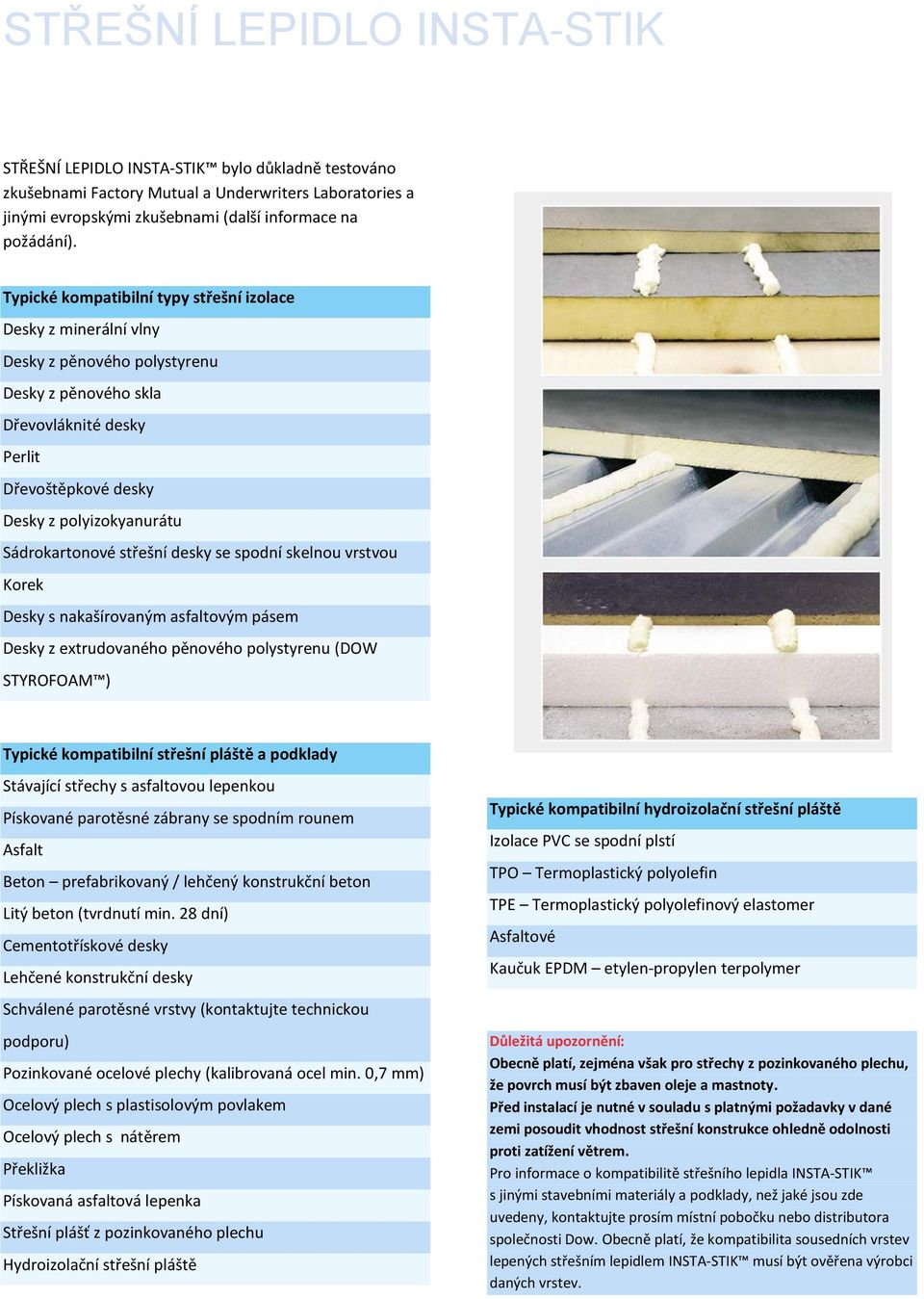 Sádrokartonové střešní desky se spodní skelnou vrstvou Korek Desky s nakašírovaným asfaltovým pásem Desky z extrudovaného pěnového polystyrenu (DOW STYROFOAM ) Typické kompatibilní střešní pláště a