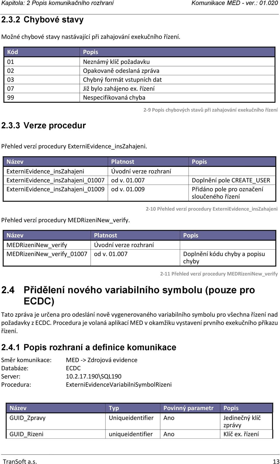 ExterniEvidence_insZahajeni Úvodní verze rozhraní ExterniEvidence_insZahajeni_01007 od v. 01.007 Doplnění pole CREATE_USER ExterniEvidence_insZahajeni_01009 od v. 01.009 Přidáno pole pro označení sloučeného řízení Přehled verzí procedury MEDRizeniNew_verify.