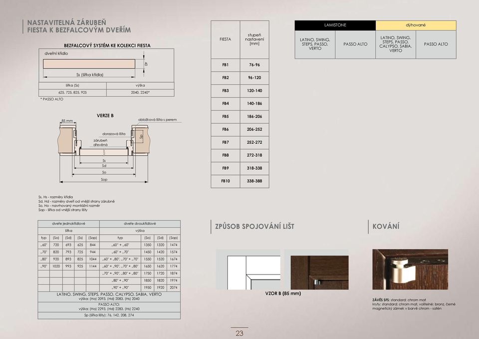 lišta s perem FB5 186-206 zárubeň dřevěná dorazová lišta Sp FB6 206-252 FB7 252-272 Ss Sd So Sop FB8 272-318 FB9 318-338 FB10 338-388 Ss, Hs - rozměry křídla Sd, Hd - rozměry dveří od vnější strany