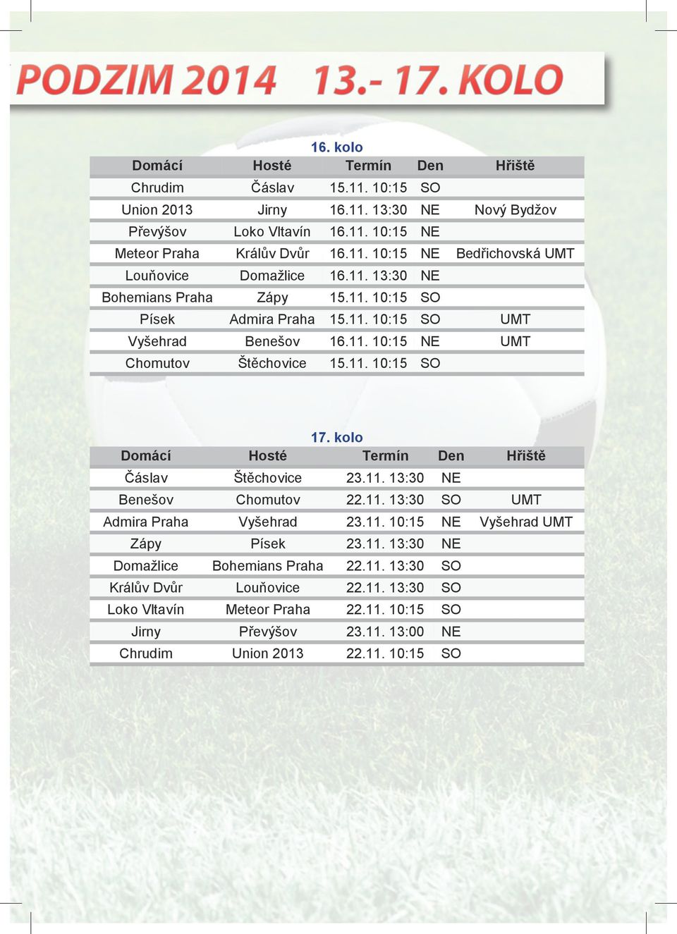 kolo Termín Hřiště Nový Bydžov Bedřichovská UMT Domácí Hosté Den Čáslav Štěchovice 2.. : Hřiště Benešov Chomutov 22.. : UMT Admira Praha Vyšehrad 2.