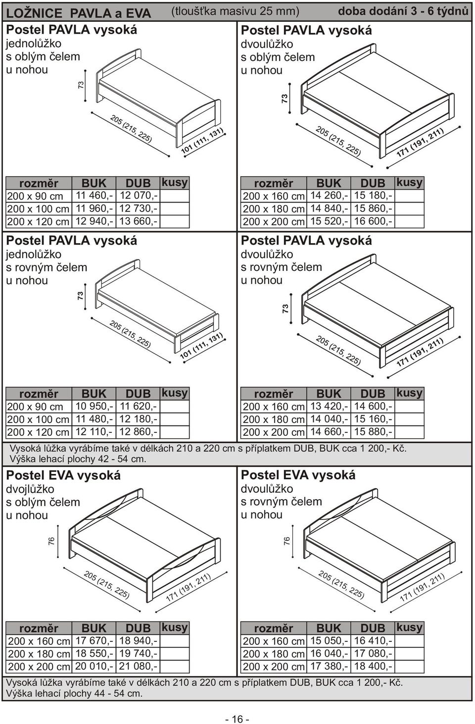 rovným èelem u nohou 15 180,- 15 860,- 16 600,- 200 x 90 cm 200 x 100 cm 200 x 120 cm 10 950,- 11 480,- 12 110,- Vysoká lùžka vyrábíme také v délkách 210 a 220 cm s pøíplatkem, cca 1 200,- Kè.