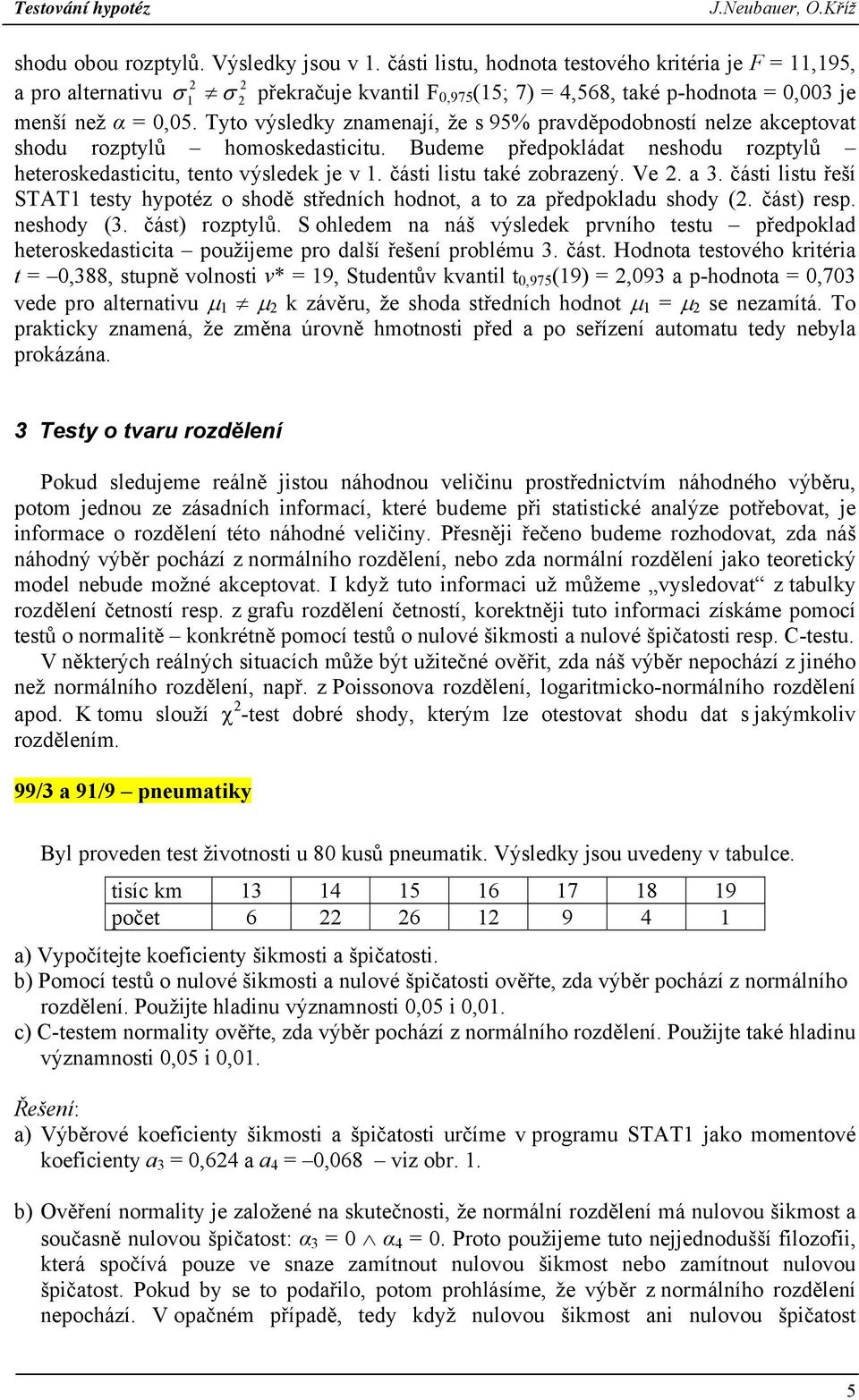 Tyto výsledky znamenaí, že s 95% pravděpodobností nelze akceptovat shodu rozptylů homoskedasticitu. Budeme předpokládat neshodu rozptylů heteroskedasticitu, tento výsledek e v 1.