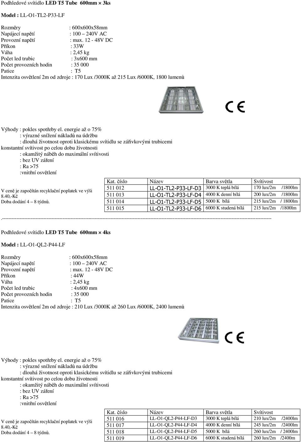 LL-O1-TL2-P33-LF-D6 6000 K studená bílá 215 lux/2m /1800lm Podhledové svítidlo LED T5 Tube 600mm 4ks Model : LL-O1-QL2-P44-LF : 600x600x58mm : 44W : 2,45 kg : 4x600 mm Intenzita osvětlení 2m od