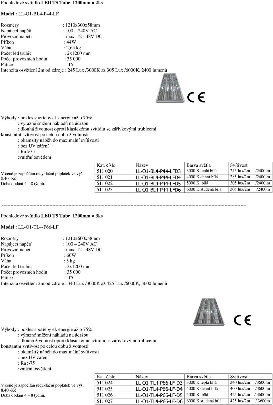 LL-O1-BL4-P44-LFD6 6000 K studená bílá 305 lux/2m /2400m Podhledové svítidlo LED T5 Tube 1200mm 3ks Model : LL-O1-TL4-P66-LF : 1210x600x58mm : 66W : 5 kg : 3x1200 mm Intenzita osvětlení 2m od zdroje