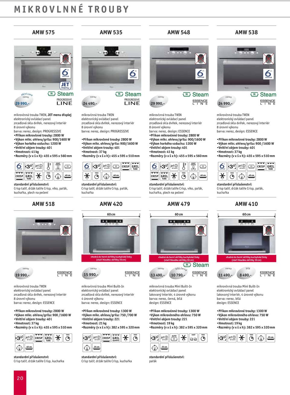 ohřevu/grilu: 900/1600 W Výkon horkého vzduchu: 1200 W Vnitřní objem trouby: 40 l Hmotnost: 41 kg Rozměry (v x š x h): 455 x 595 x 560 mm mikrovlnná trouba TWIN elektronický ovládací panel zrcadlová 