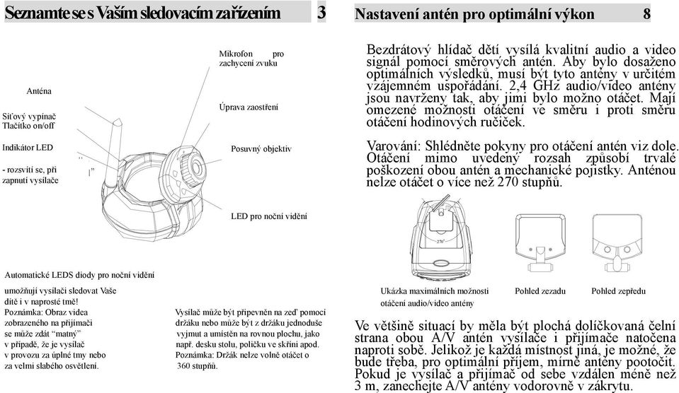 Aby bylo dosaženo optimálních výsledků, musí být tyto antény v určitém vzájemném uspořádání. 2,4 GHz audio/video antény jsou navrženy tak, aby jimi bylo možno otáčet.