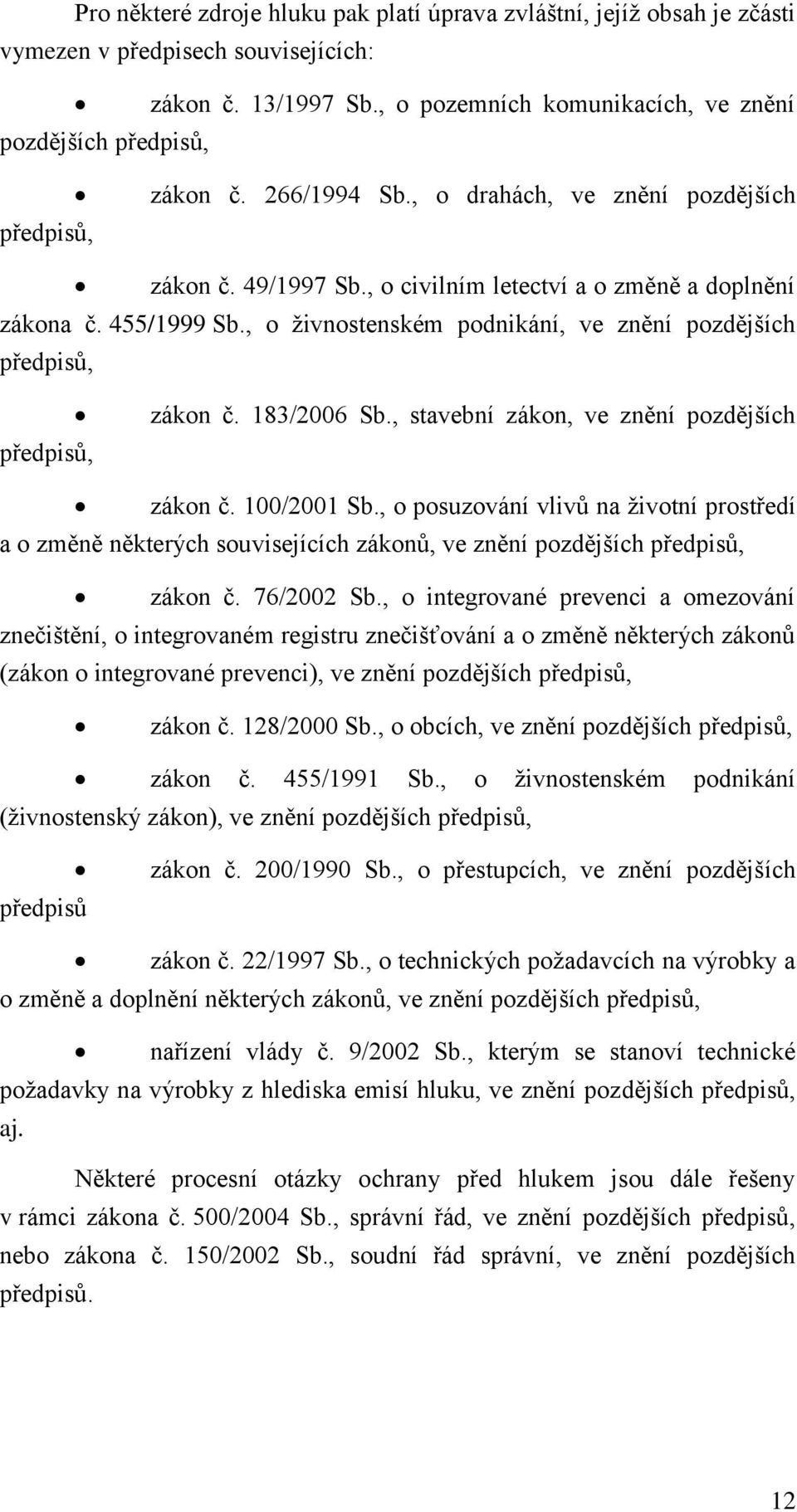 455/1999 Sb., o živnostenském podnikání, ve znění pozdějších předpisů, předpisů, zákon č. 183/2006 Sb., stavební zákon, ve znění pozdějších zákon č. 100/2001 Sb.