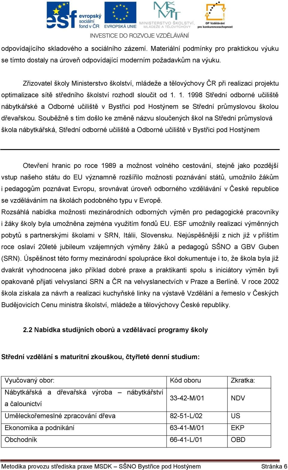 1. 1998 Střední odborné učiliště nábytkářské a Odborné učiliště v Bystřici pod Hostýnem se Střední průmyslovou školou dřevařskou.